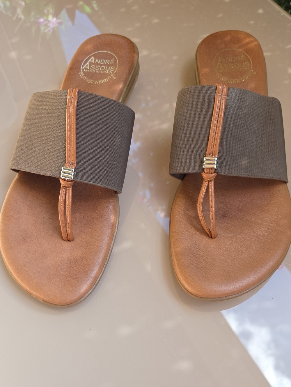Andre Assous Brown and Dark Brown Leather Slide Sandals